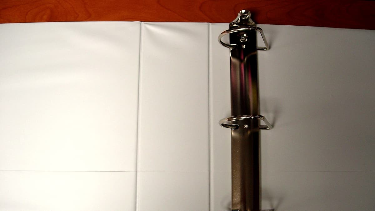 A row of labeled ring binders on a shelf with one pulled forward, its divider tabs visible above the pages
