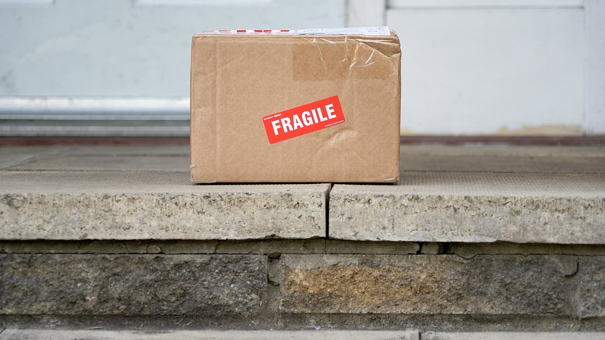 A cracked ceramic lamp base and a torn cardboard carton photographed on a bare wooden floor